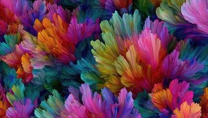 Abstract colorful, layered feather-like shapes with fluid texture and vivid hues