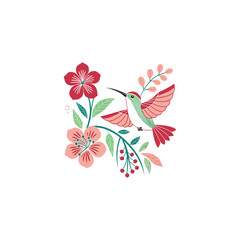 Elegant bird illustration with floral elements in elegant folk art style for greeting cards, wedding design, and posters.