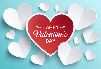 Happy velentinse day red heart background surrounded by white paper hearts for love celebration on blue festive card and holiday