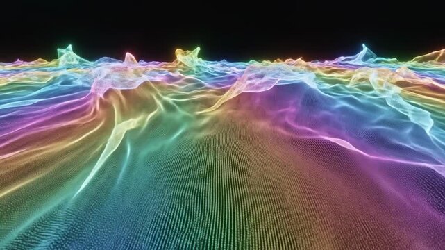Wide aerial view of sweeping digital waves of fluorescent color gradients moving dynamically across a pure abstract surface background animation motion, smooth, flow