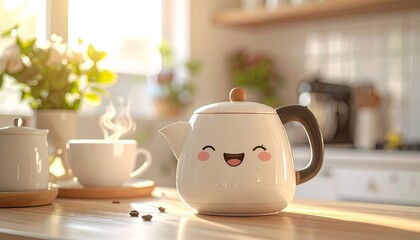 Cute Cartoon Teapot with Happy Face Steam Rising From Coffee Cup in a Bright Kitchen with Morning Sunlight