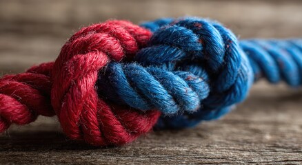 Red & blue rope tied in a knot against rustic wooden surface