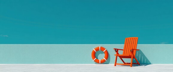 Bright scene of orange chair and life preserver on turquoise background
