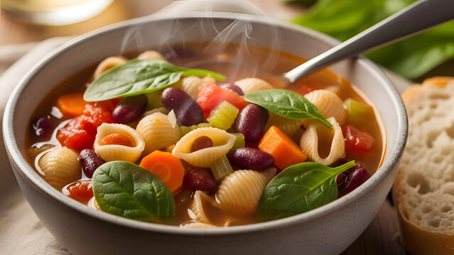 Delicious and nutritious bowl of pasta e fasoi italian soup with vegetables and bread on the side on a table