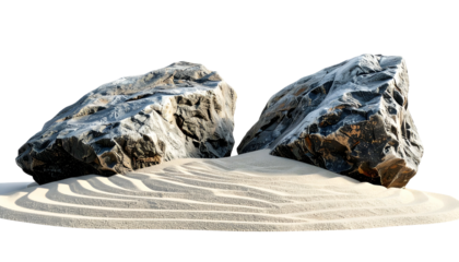 Two large, textured boulders resting on rippled, light-colored sand with a dark backdrop