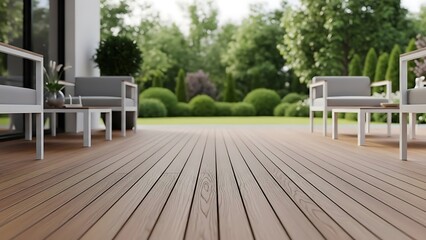 A serene outdoor patio with modern furniture on a wooden deck surrounded by lush greenery and manicured shrubs viewed from a low angle