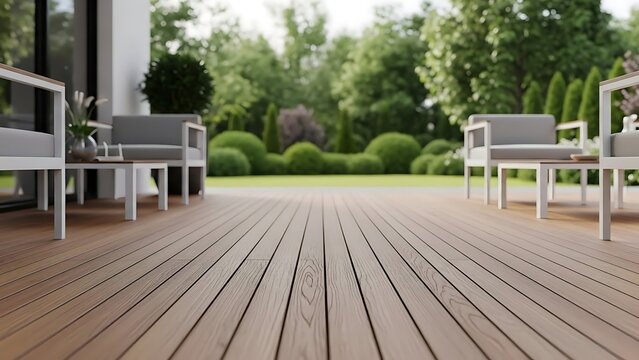 A serene outdoor patio with modern furniture on a wooden deck surrounded by lush greenery and manicured shrubs viewed from a low angle