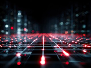 Glowing red lights on a grid surface, dark bokeh city background