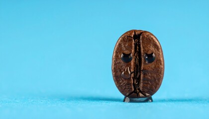Cute Coffee Bean Character with Cartoon Eyes on a Bright Blue Background Close Up Studio Shot
