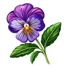Purple Pansy Flower with Green Leaves and Stem Botanical Illustration