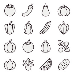 Set of organic vegetables line art icons, vector tomato pumpkin eggplant and pepper outline illustrations collection isolated on white background