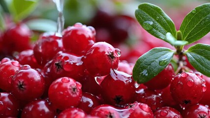 A vibrant closeup shot of freshly harvested red cranberries glistening with water droplets showcasing their natural beauty and healthy appeal perfect for culinary and wellness themes.