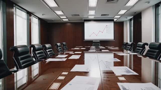 Executive boardroom with presentation screen and long table, documents spread across polished wood, leather chairs aligned, no people in scene, executives preparing investor pitch, bright windows,