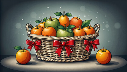 A beautifully decorated wicker basket brimming with a vibrant assortment of fresh green and orange apples, adorned with festive red bows, symbolizing harvest and generosity