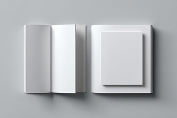 Open, blank, white book mockup and closed book with square cover on grey