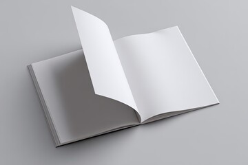Open book mockup. Pages are blank white on gray background, angled view
