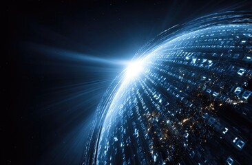 Illuminated sphere with data-like patterns against a dark, starry background