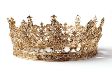 Intricate gold crown with ornate details casting a soft shadow on white