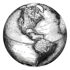 Engraved globe focusing on the Americas, detailed landmasses and ocean features