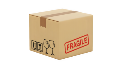 A brown cardboard box isolated on transparent background with fragile stamp and handling instructions