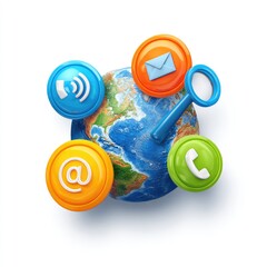 Globe encircled by communication icons phone, email, search, and address