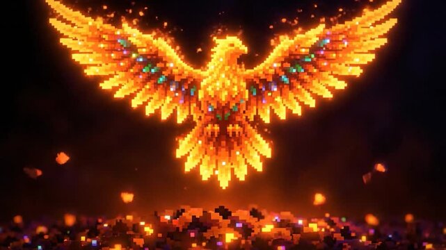A 3D pixelated phoenix rising from a pile of digital ash with bright fiery colors