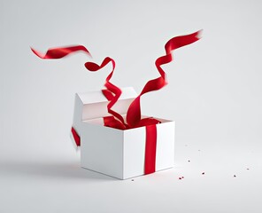 Open white gift box with red ribbon swirling out, on a neutral background