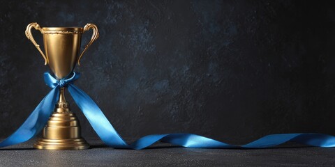 Golden trophy with blue ribbon on dark background