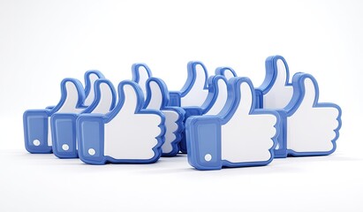 Array of blue thumbs-up icons against white background; social media engagement