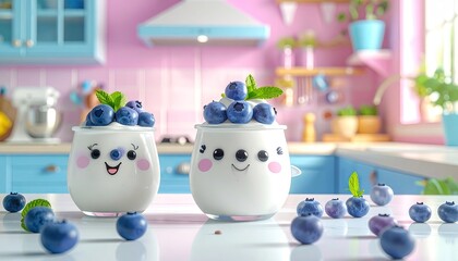 Cute Yogurt Cups With Blueberry Topping And Mint Leaves Decorated With Happy Faces In A Bright Pastel Kitchen Setting With Sunlight.