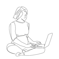 One continuous single drawing line art flat doodle woman, laptop, belly, maternity, pregnancy, computer, pregnant. Isolated image hand draw contour on a white background, hand drawn, not AI