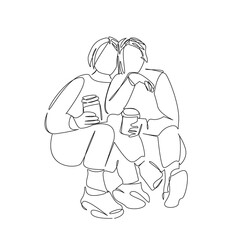 Fototapeta premium One continuous single drawing line art flat doodle woman, hot drink, friendship, 2, cafes, girlfriend, happy, drink. Isolated image hand draw contour on a white background, hand drawn, not AI