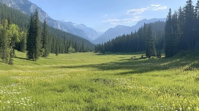 Expansive Green Valley Surrounded by Majestic Mountains and Lush Trees Under a Clear Blue Sky