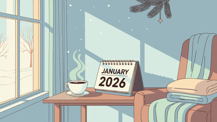 Cozy interior scene with a calendar marking January 2026 on a table next to a steaming cup of coffee, with a warm and inviting atmosphere in a room with evergreen decor for the New Year in