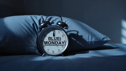 Alarm clock on pillow displaying "Blue Monday," moody atmosphere for reflection, with copy space
