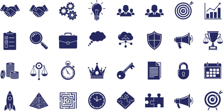 Collection of various business and technology icons in blue on a white background