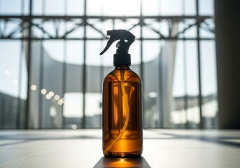Amber glass spray bottle in a well-lit modern interior with sunlight streaming through windows