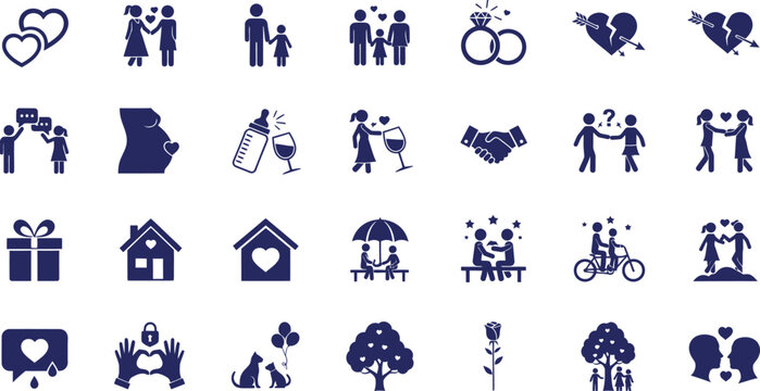 Collection of 28 blue silhouette icons depicting love relationships and life events - Powered by Adobe