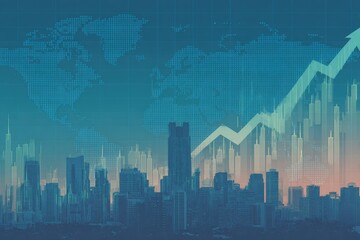 Cityscape overlaid with map and rising arrow, symbolizing growth