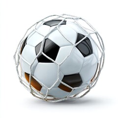 Soccer ball, white and black, captured tightly in a white net, on white