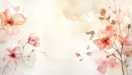 Delicate watercolor painting of pink and coral cherry blossoms with muted earthy tones