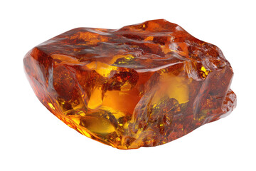 Close-up of a raw amber gemstone.  A piece of translucent, honey-brown amber.  Intricate inclusions are visible within