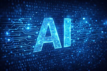 Exploring the Future of Artificial Intelligence Through Digital Innovation and Advanced Technology Represented by a Luminescent AI Sign in Binary Code
