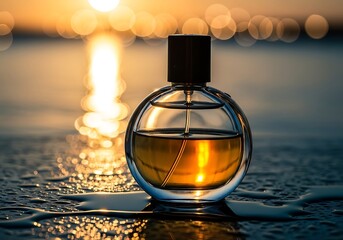Luxury fragrance bottle on a reflective wet surface at golden sunset, evoking elegance and warm serenity