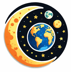 moon, earth and space cartoon logo vector illustration