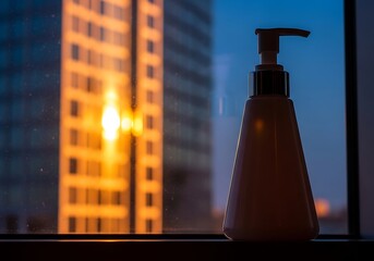 Sunlight reflecting on a building behind a dispenser bottle