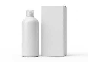 Blank white cosmetic bottle and packaging box isolated on white background