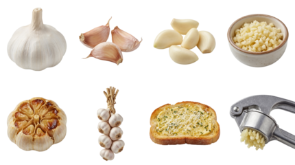 set of a garlic collection in different forms, whole bulb, cloves, minced, bread isolated on a transparent background