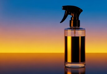 Modern Clear Spray Bottle with Golden Liquid Against a Gradient-Lit Background