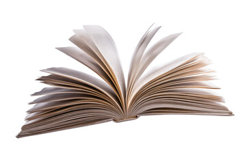 Open book, pages fanned wide, light beige color, against black background